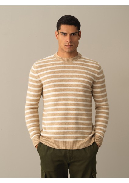 Erkek Bej Regular Fit Çizgili Kazak