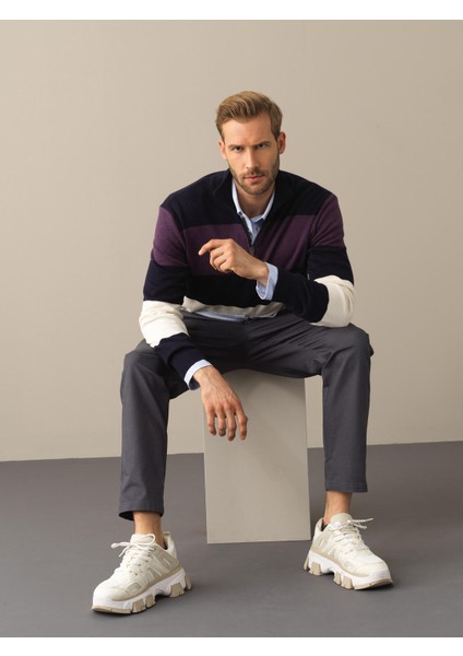 Erkek Lacivert Regular Fit Çizgili Kazak