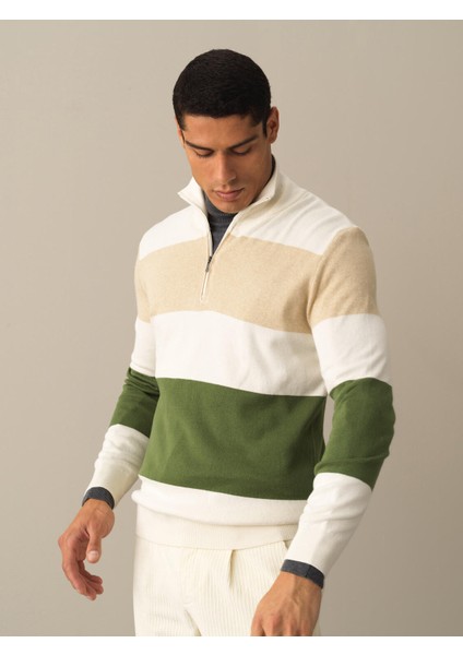 Erkek Ekru Regular Fit Çizgili Kazak