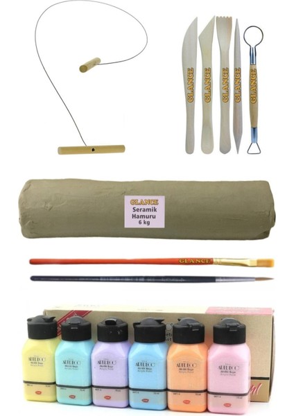 Beyaz Seramik Hamuru 6 kg Kil Kesme Teli 5'li Ebeşuar Artdeco Akrilik Boya 6X75 ml Pastel Renkler