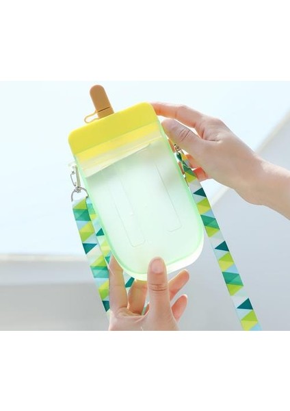 Sevimli Tatlı Dondurma Su Şişesi ile Saman Yaratıcı Plastik Su Şişeleri Taşınabilir Popsicle Kupası Çocuklar Su Şişesi Kayış | Su Şişeleri (Sarı) (Yurt Dışından)