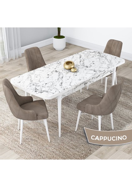 Concept Kar Serisi 80 x 132 cm Açılabilir Mdf Mutfak Masa Takımı Beyaz Mermer Desen Masa 4 Sandalye
