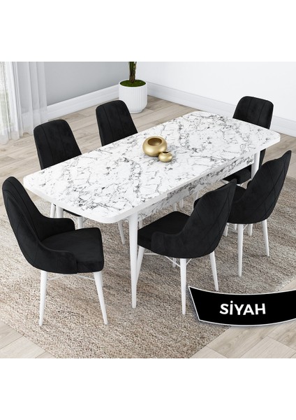 Concept Kar Serisi Açılabilir 80 x 132 cm Mdf Mutfak Masa Takımı Beyaz Mermer Desen Masa 6 Sandalye