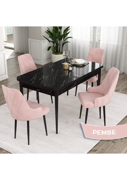 Concept Eta Serisi 80 x 132 cm Açılabilir Mdf Mutfak Masa Takımısiyah Mermer Desen Masa 4 Sandalye