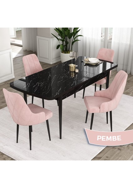 Concept Eta Serisi 80 x 132 cm Açılabilir Mdf Mutfak Masa Takımısiyah Mermer Desen Masa 4 Sandalye