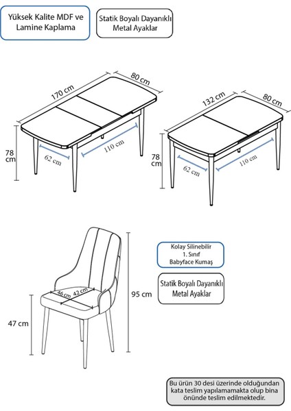 Concept Eta Serisi 80 x 132 cm Mdf Açılabilir Masa Takımı Beyaz Masa Kahve Ayak 4 Sandalye