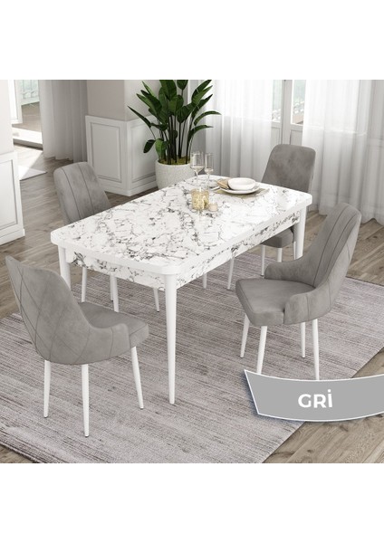 Concept Eta Serisi 80 x 132 cm Açılabilir Mdf Yemek Odası Masa Takımı Beyaz Mermer Desen Masa 4 Sandalye