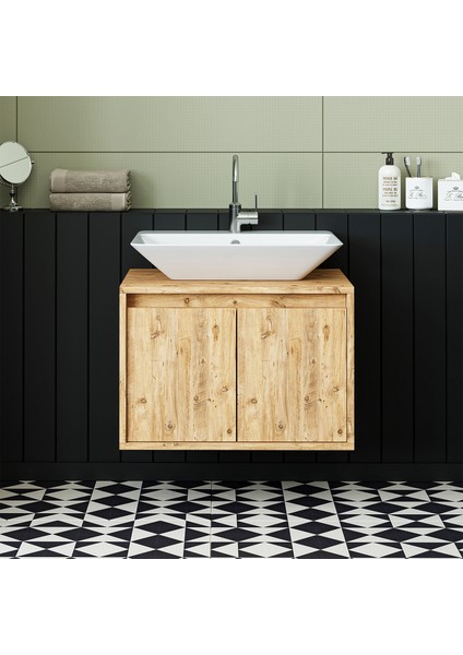 Banos Banyo Roomart Ayaksız 2 Kapaklı Lavabolu Mat Ahşap Mdf 65 cm Banyo Dolabı