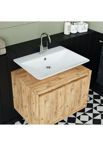 Banos Banyo Roomart Ayaksız 2 Kapaklı Lavabolu Mat Ahşap Mdf 65 cm Banyo Dolabı fiyatları