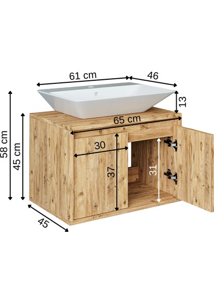 Banos Banyo Roomart Ayaksız 2 Kapaklı Lavabolu Mat Ahşap Mdf 65 cm Banyo Dolabı indirimleri