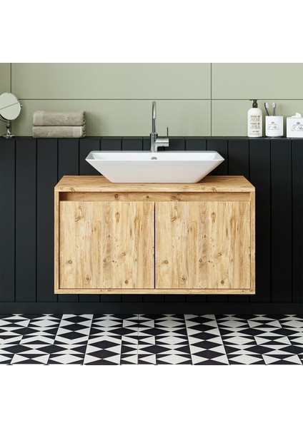 Ayaksız 2 Kapaklı Lavabolu Mat Ahşap Mdf 85 cm Banyo Dolabı