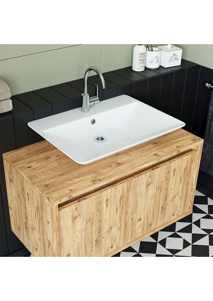 Ayaksız 2 Kapaklı Lavabolu Mat Ahşap Mdf 85 cm Banyo Dolabı fiyatları