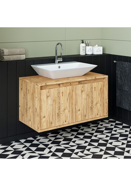 Ayaksız 2 Kapaklı Lavabolu Mat Ahşap Mdf 85 cm Banyo Dolabı modelleri