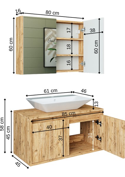 Lavabolu Mat Ahşap Mdf 85 cm Banyo Dolabı + Aynalı Banyo Üst Dolabı