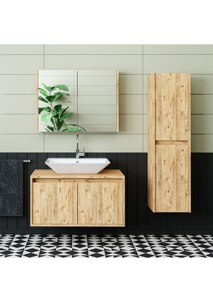 Lavabolu Mat Ahşap Mdf 85 cm Banyo Dolabı+Aynalı Banyo Üst Dolabı+Boy Dolabı