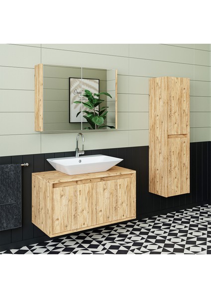 Lavabolu Mat Ahşap Mdf 85 cm Banyo Dolabı+Aynalı Banyo Üst Dolabı+Boy Dolabı fiyatları