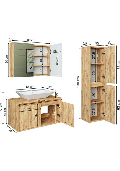 Lavabolu Mat Ahşap Mdf 85 cm Banyo Dolabı+Aynalı Banyo Üst Dolabı+Boy Dolabı indirimleri