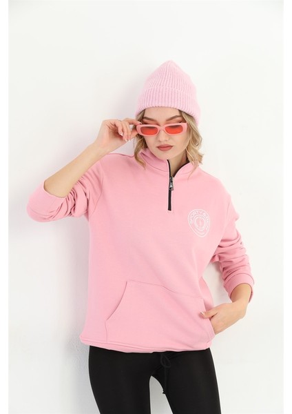 Kadın Fermuarlı Pembe Sweatshirt MW5717