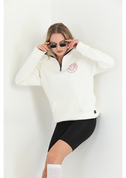 Kadın Fermuarlı Beyaz  Sweatshirt MW5717