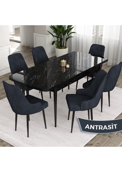 Concept Eta Serisi 80 x 132 cm Açılabilir Mdf Yemek Odası Masa Takımısiyah Mermer Desen Masa 6 Sandalye