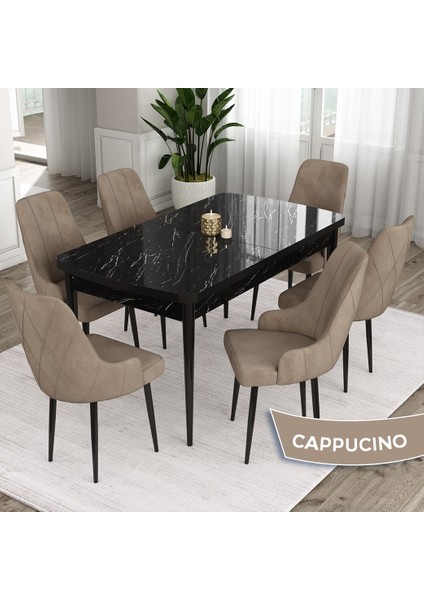 Concept Eta Serisi 80 x 132 cm Açılabilir Mdf Yemek Odası Masa Takımısiyah Mermer Desen Masa 6 Sandalye