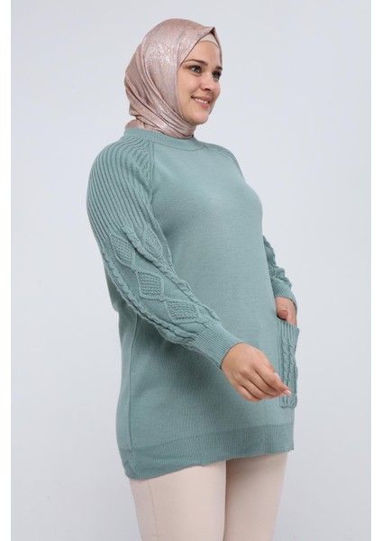 Kadın Büyük Beden Kolu Saç Örgülü Cepli Kışlık Triko Tunik 4372