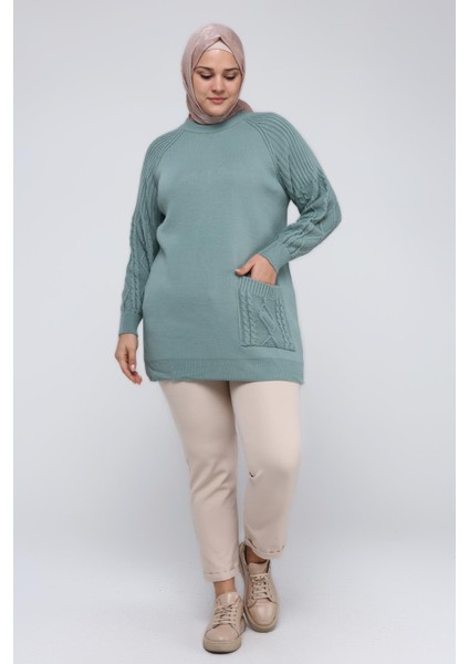 Kadın Büyük Beden Kolu Saç Örgülü Cepli Kışlık Triko Tunik 4372 modelleri