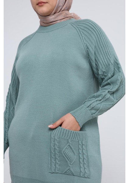 Kadın Büyük Beden Kolu Saç Örgülü Cepli Kışlık Triko Tunik 4372 fırsatları