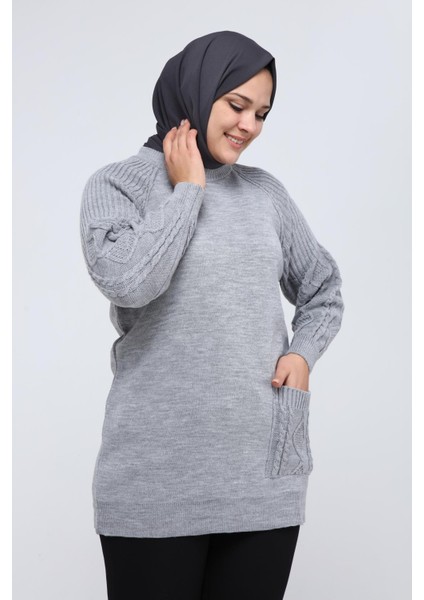 Kadın Büyük Beden Kolu Saç Örgülü Cepli Kışlık Triko Tunik 4372