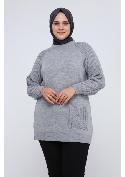 Kadın Büyük Beden Kolu Saç Örgülü Cepli Kışlık Triko Tunik 4372