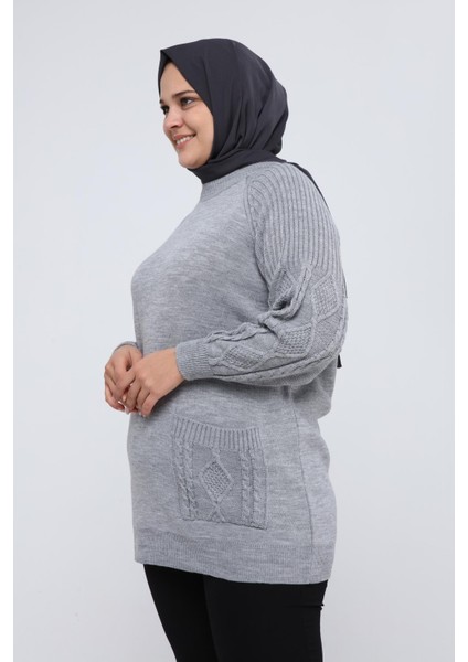 Kadın Büyük Beden Kolu Saç Örgülü Cepli Kışlık Triko Tunik 4372