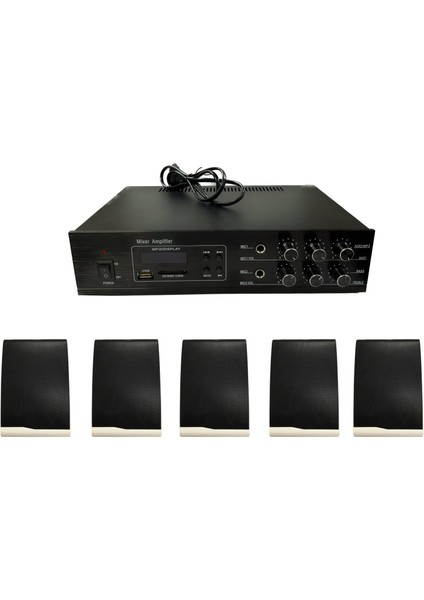 Trafo Amfi ve Trafo Duvar Tipi Hoparlör Paketi (5 Hoparlör ve Tek Bölge Bluetooth USB Trafolu Amfi)