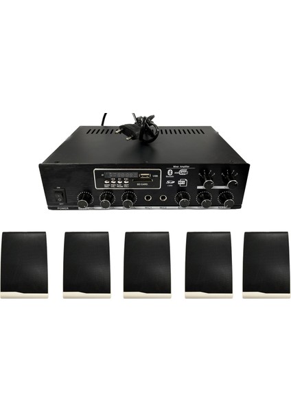 2 Bölge Amfi ve Trafo Duvar Tipi Hoparlör Paketi (5 Hoparlör ve 2 Bölge Bluetooth USB Trafolu Amfi)
