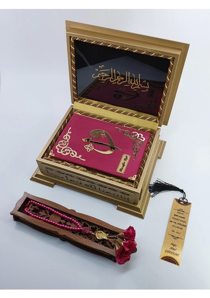 Hediye Kuranı Kerim Seti Ahşap Kutulu Fuşya Pembe