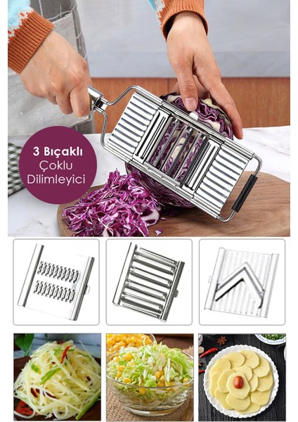 Paslanmaz Pratik 3 Bıçaklı Multi Fonksiyonlu Çoklu Dilimleyici Doğrayıcı