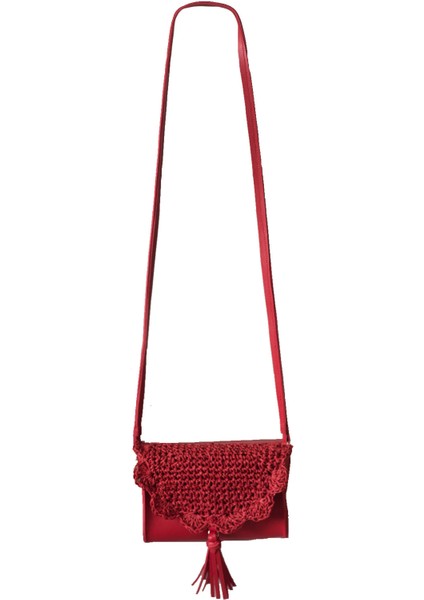 Kadın Örgü Kapaklı Kırmızı Hasır Mini Omuz Çantası