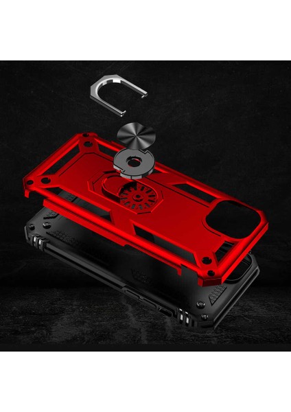Apple iPhone 14 Plus ile Uyumlu Kılıf Shockproof Zırhlı Kauçuk Yüzük Tutuculu 360 Derece Kırmızı