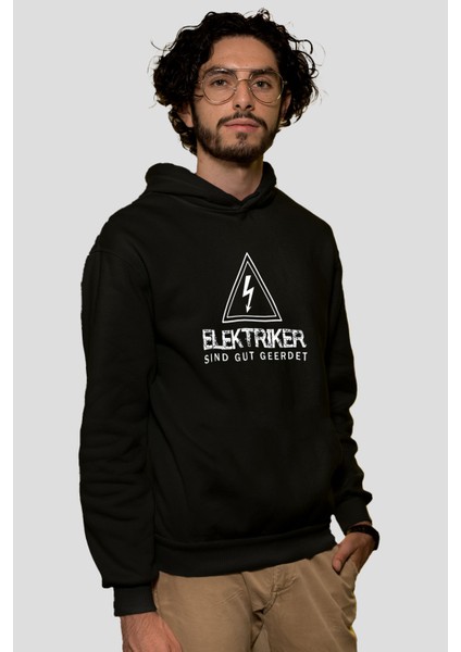 Tişört Fabrikası Elektrikçi Baskılı Siyah Kapüşonlu Sweatshirt