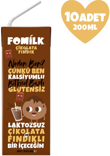 Çikolata & Fındık Sütü 200 Ml X10 Glutensiz Bitkisel Bazlı Laktozsuz Vegan