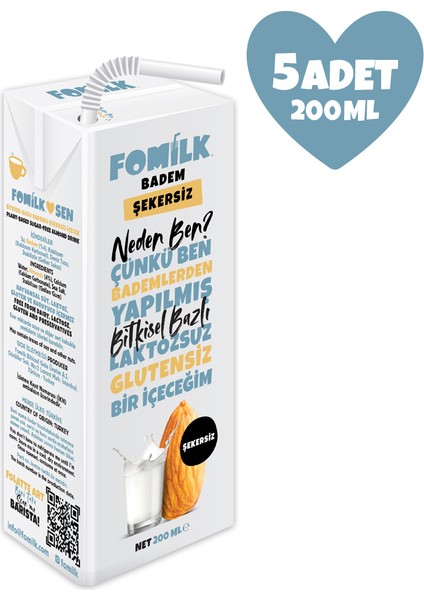 Badem Sütü 200 Ml X5 Glutensiz Bitkisel Bazlı Laktozsuz Vegan Şekersiz