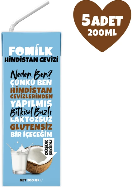 Hindistan Cevizi Sütü 200 Ml X5 Glutensiz Bitkisel Bazlı Laktozsuz Vegan