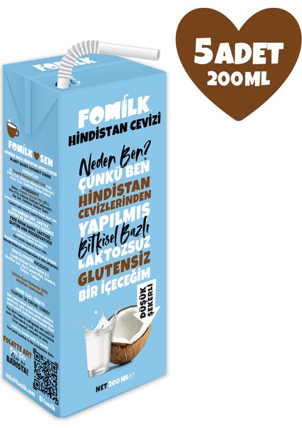 Hindistan Cevizi Sütü 200 Ml X5 Glutensiz Bitkisel Bazlı Laktozsuz Vegan