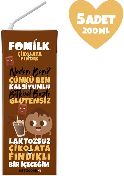 Çikolata & Fındık Sütü 200 Ml X5 Glutensiz Bitkisel Bazlı Laktozsuz Vegan