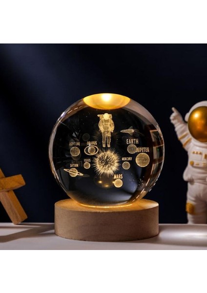 LED Işıklı Kristal Astronot Gezegen Küre 3D Güneş Sistemi Topu Ev Ofis Dekor
