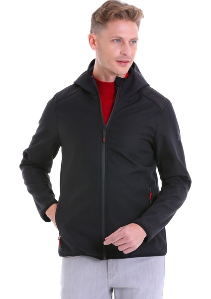 Erkek Siyah Su ve Rüzgar Geçirmez Kapüşonlu Softshell Mont