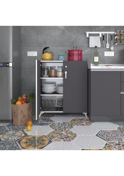 Kenzlife 2 kapılı dolap çilem 088*070*032 gri kilitli ayaklı banyo mutfak ofis kitaplık ayakkabılık kiler