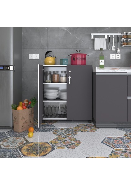 Kenzlife 2 kapılı dolap çilem 088*070*032 gri kilitli tekerlekli banyo mutfak ofis kitaplık ayakkabılık kiler