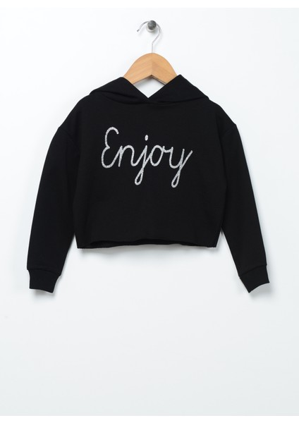 Baskili Kız Çocuk Siyah Sweatshirt Joyful Girl