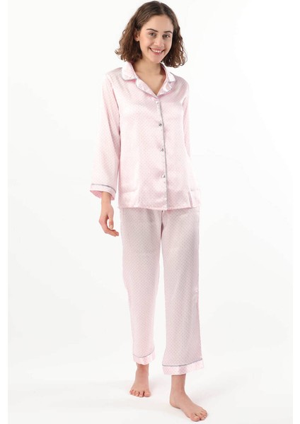 Kadın Puantiyeli Pijama Takımı Pembe
