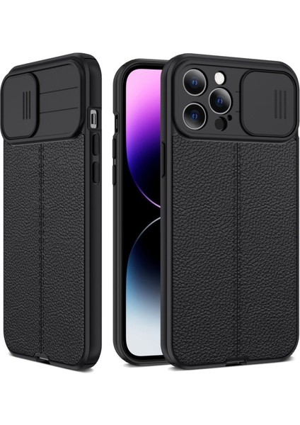 Iphone 14 Pro Kılıf Lensı Niss Deri Dokulu Kamera Korumalı Silikon + Ekran Koruyucu
